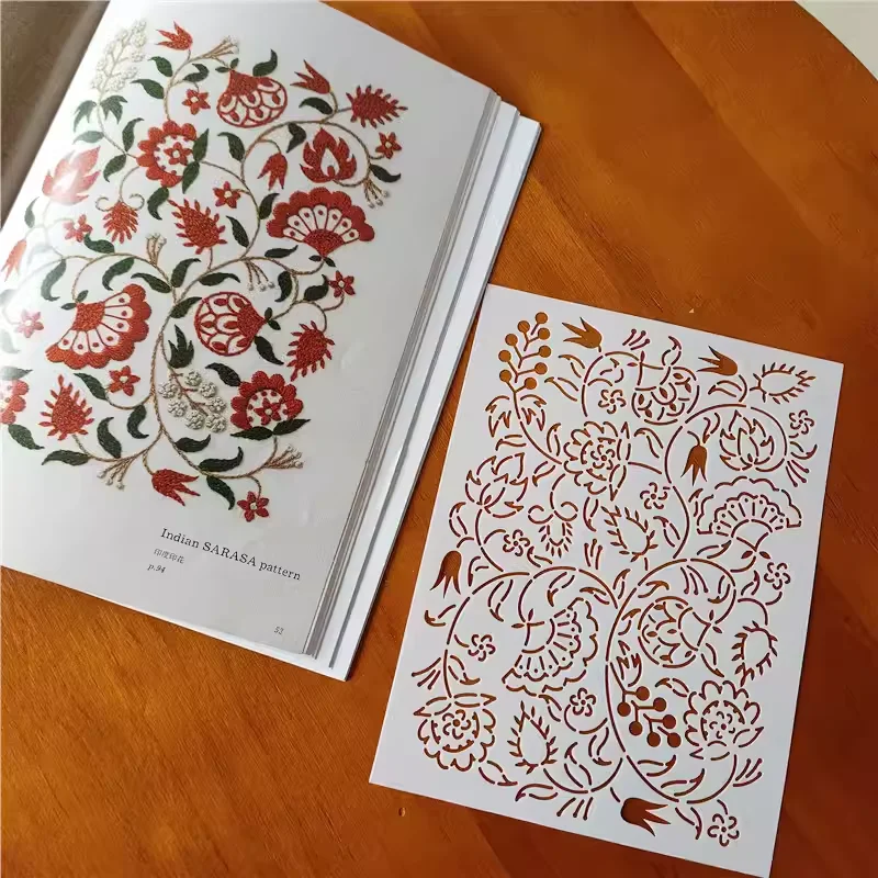 قالب التطريز التسلسلي على شكل زهرة، نموذج فرك يدويًا، قالب تطريز يدوي، نمط هندسي، قالب ساشيكو ناعم ورقيق