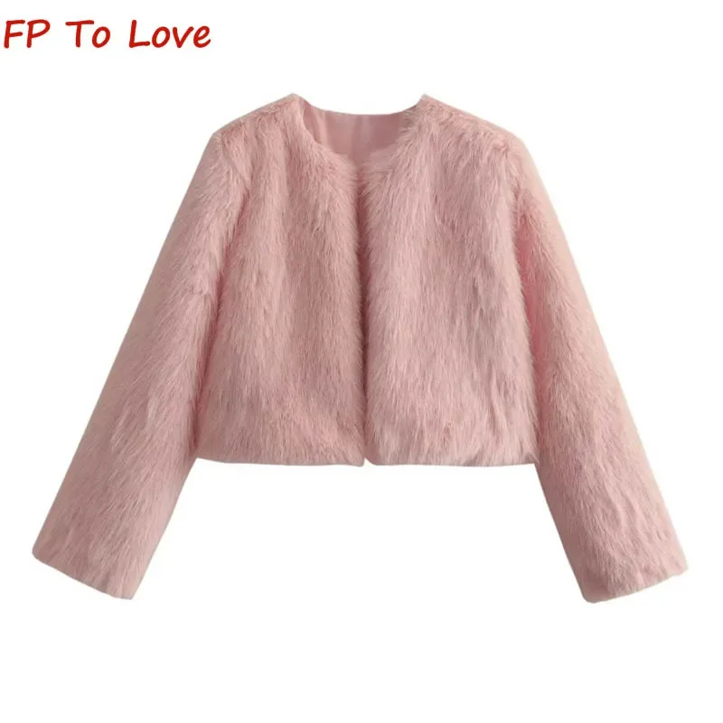 

Faux Lamb's Wool Coat Fur Short Coat PB&ZA Woman Winter Round Neck Cardigan Pink Top