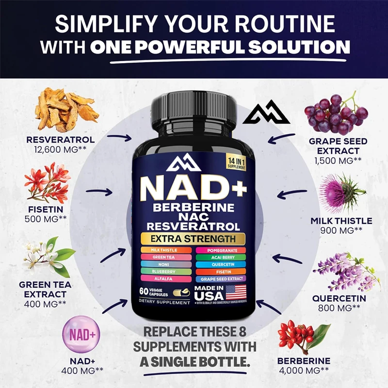 NAD+Berberine Resveratrol, Milk Thistle, Green Tea, Pomegranate, Acai Berry, Quercetin, Fisetin, Grape Seed 14 in 1