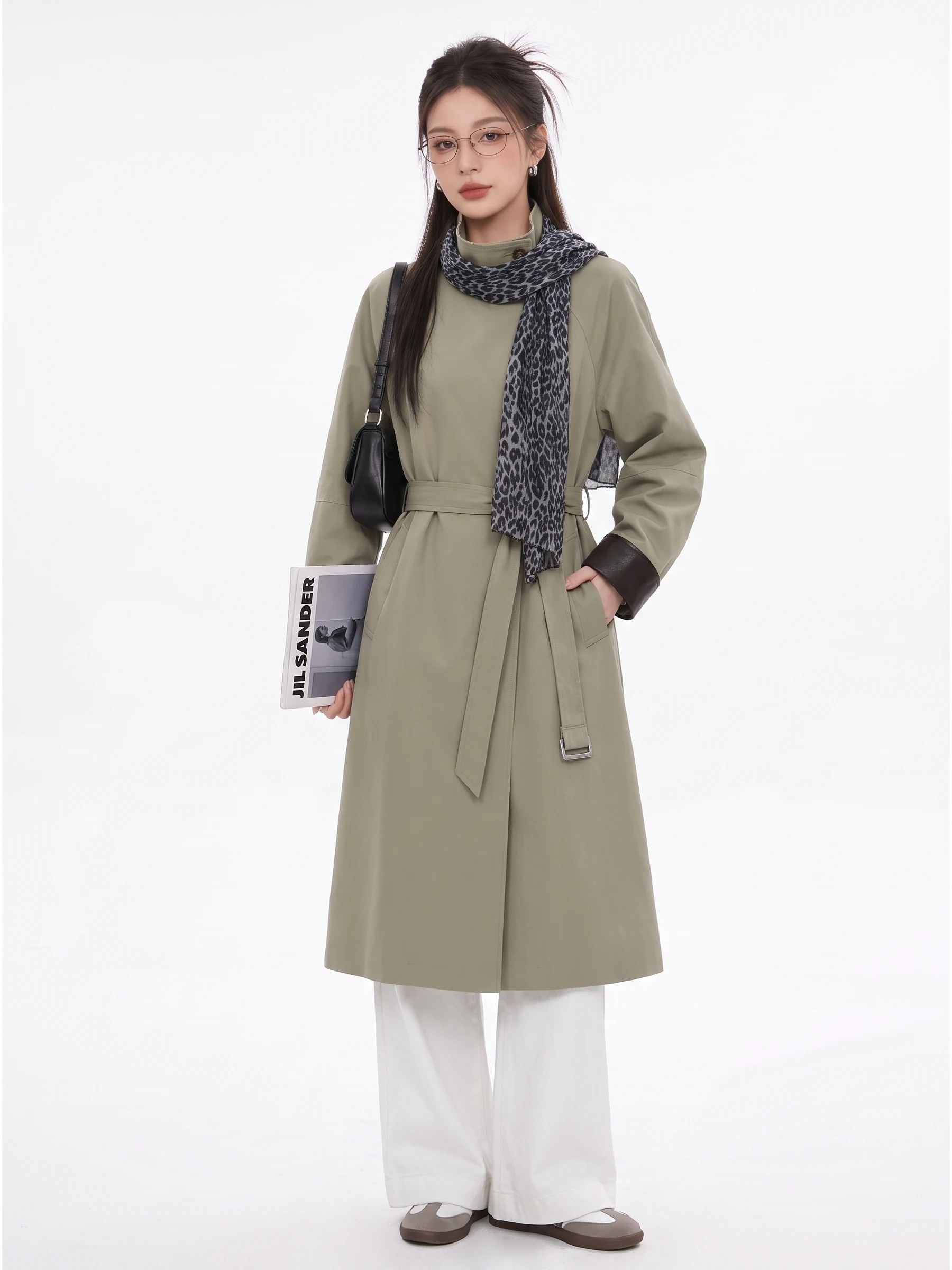Fall Commute Casual Style Long Sleeve Coat with Stand Collar Belted Loose Fit Women's Fashion Color Block Cuff Windbreaker