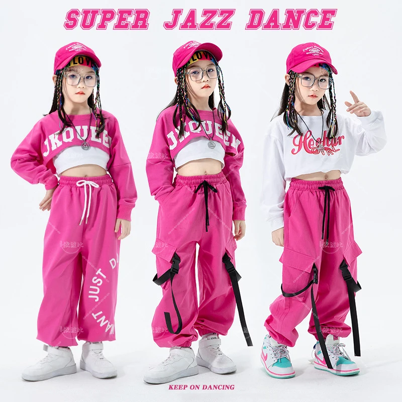 Jazz Dance Costume, Hip-hop Children's Long Sleeved Pink Top, Tank Top, Long Pants, Girl's Hip-hop Costume