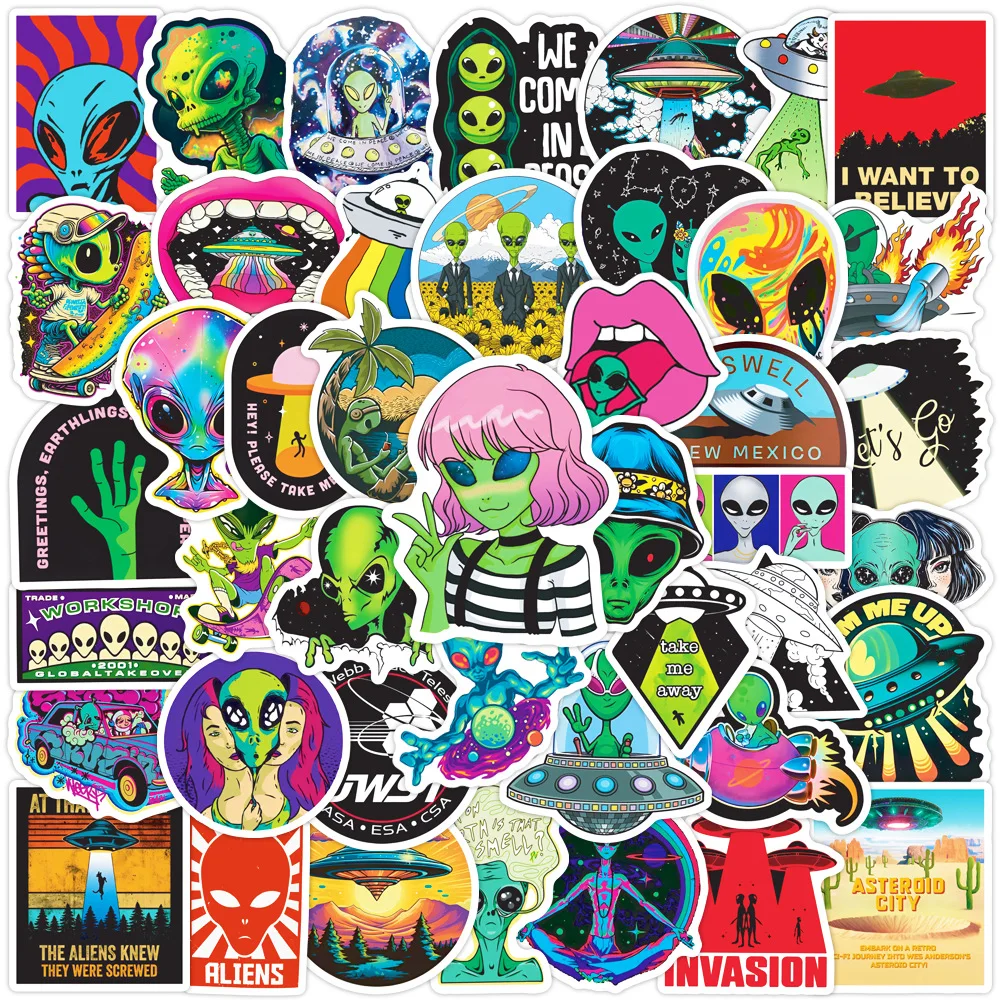 50 autocollants graffiti extraterrestres, OVNIs et espaces extraterrestres pour scrapbooking, téléphone, ordinateur portable, guitare, valise, voiture, skateboard, casque