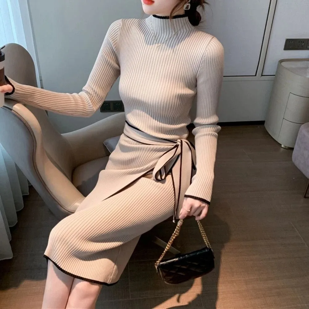 Robe longue en tricot Simple, demi-col, à lacets, Slim, élégante, manches longues, épicée, pour fille, robe de soirée, hiver automne