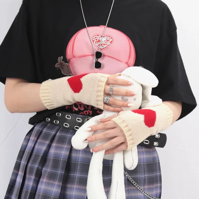 Knit Finger less Gloves Women Girls Heart Print Arm Warmers Y2K Aesthetic Warm Half Finger Mittens Cosplay Party Daily Casual