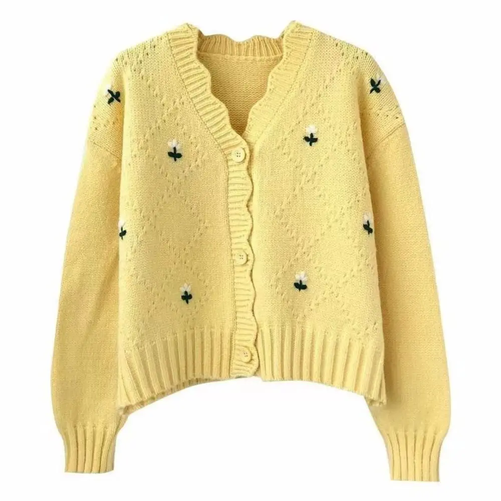 캔디 컬러 짧은 니트 스웨터 긴 소매 슬림 여성 니트 카디건 꽃 자수 INS 한국 스타일 스웨터 스트리트웨어