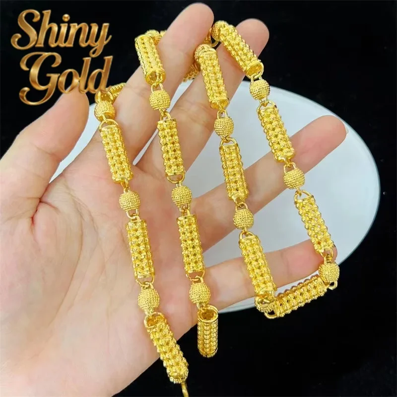 ShinyGoldLuxury 24K real gold jewelry hollow cylindrical beads men and women au9999 gold chain European and American accessories