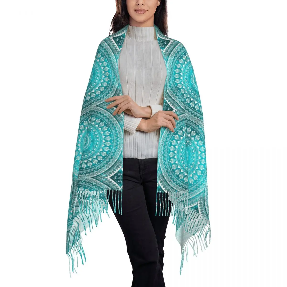 Mandala Turquoise Scarf Tassel Scarves Women Soft Warm Shawls and Wraps Long Fall Winter Shawl Wrap