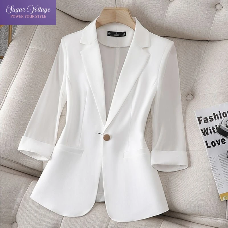 

Korean Chic White Chiffon Blazer Women Summer 3/4 Sleeve Lightweight Jacket 2025 Plus Size Petite Elegant Office Suit Coat New