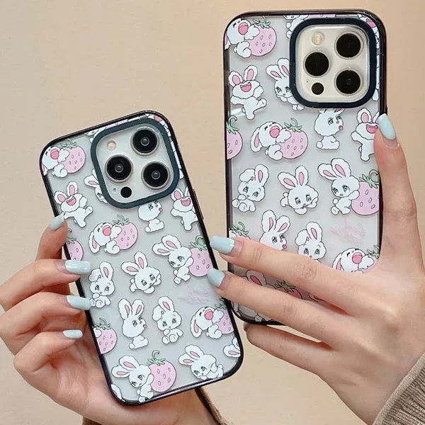 2.0 Acrylic Upgrade Border Strawberry Rabbit Phone Case Cover for iPhone 11 12 13 14 15 16 Pro Max Case for iPhone 16 Pro