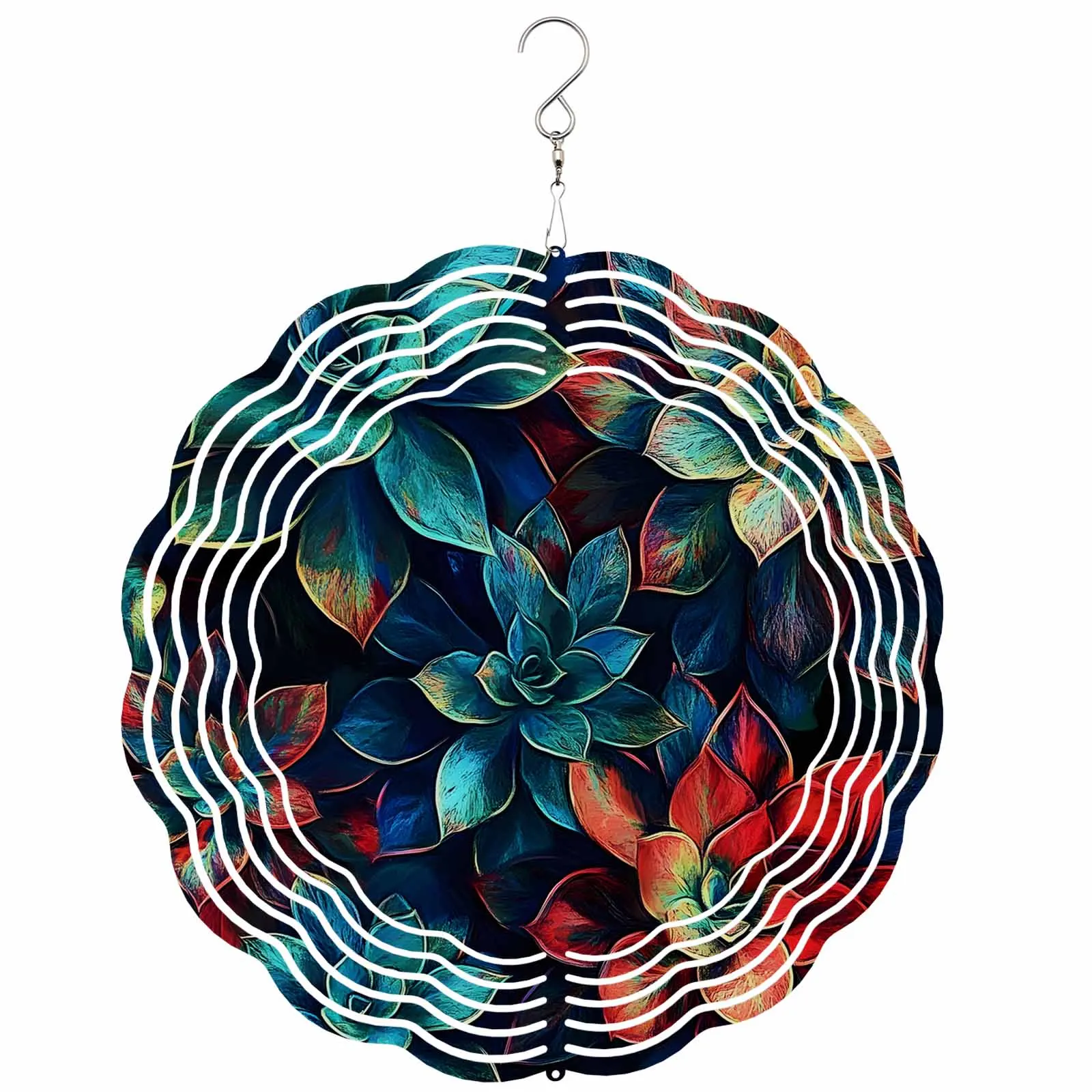 

Blue Nostalgic Succulent Plant Stainless Steel Hanging Decorations For Home 3D Rotating Wind Spinner