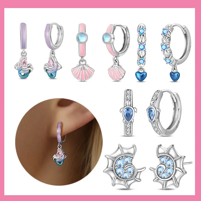 

925 Sterling Silver Marine Life Series Drops Earrings Pink Purple Mermaid Turtle Shell Earrings Suitable for Women's Jewelry