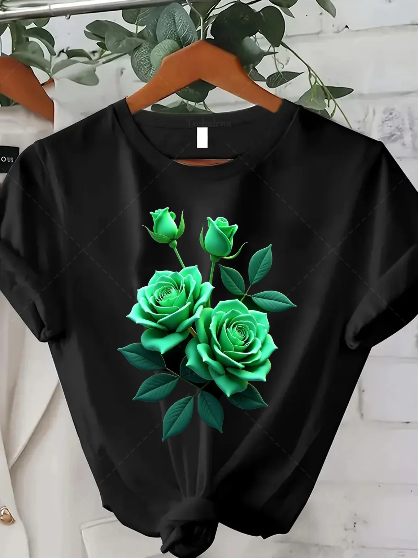 Green Rose Floral T-Shirt - Short Sleeve Round Neck Casual Blouse Suitable for Summer Autumn Wear, Machine Washable Digital Print Top, Gift for Thanksgiving, Year-Round Comfortable Everyday Shirt