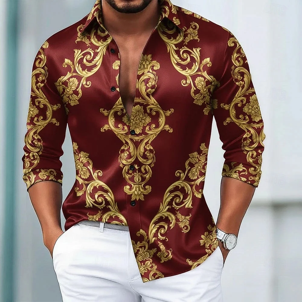 New men's palace style curly grass patterned long sleeved shirt with wine red and gold vine print men's lapel top