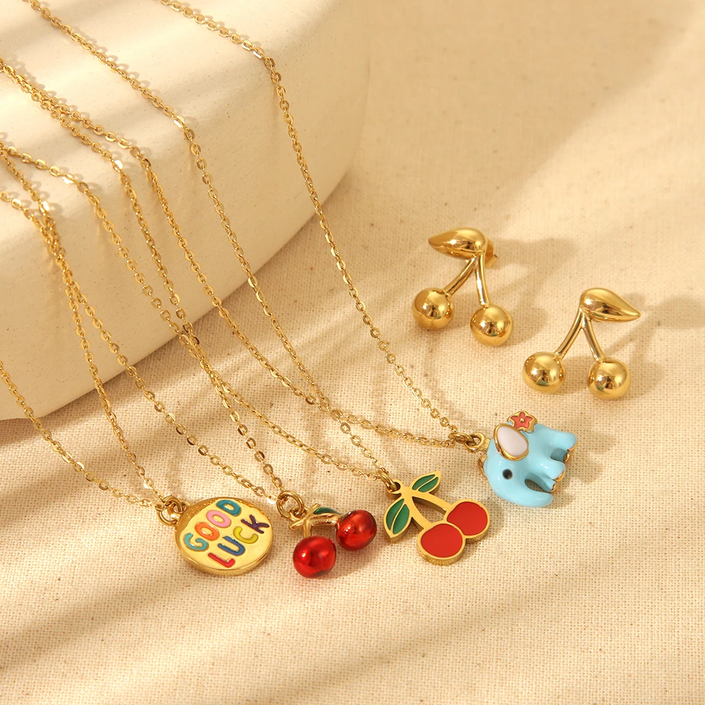 Cute Stainless Steel Metal Chic Cherry Stud Earrings Colorful Elephant Good Luck Pendant Water Resistant Necklace for Girls Gift