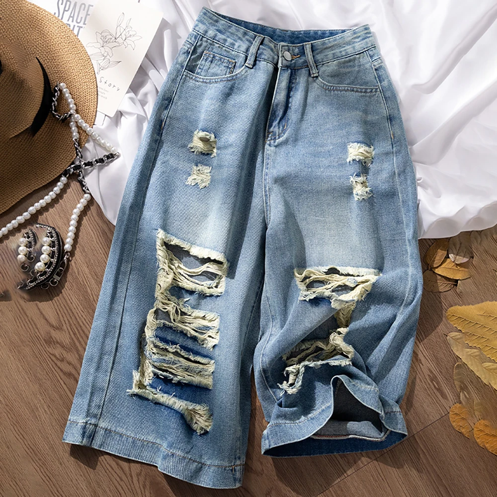 

American Style Ripped Holes Denim Shorts for Women Calf-length Jeans 2025 New Summer High Waist Straight-Leg Loose Hot Pants
