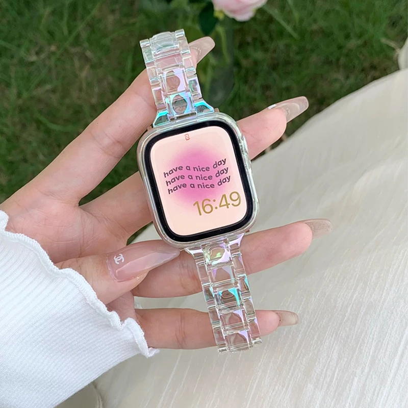 Transparent Laser Strap for Apple Watch Band 44mm 45 42 40 38 41 49mm Clear Rainbow Wristband for iWatch Series 9 8 SE 7 6 5 4 3