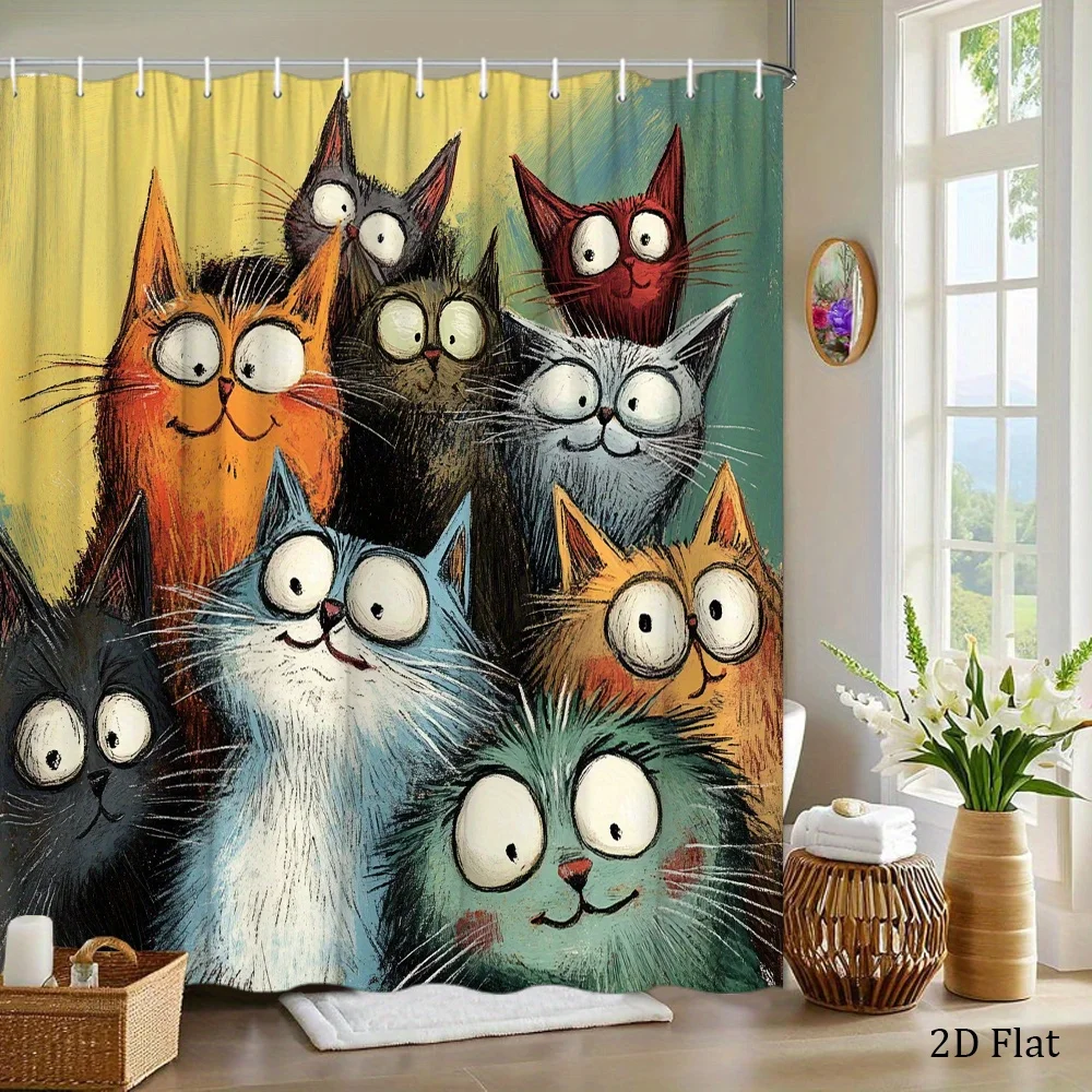 One Piece of a Playful And Funny Shower Curtain Featuring Cartoon Cats, Made from Colorful Polyester Fabric, Includes 12 Hooks,