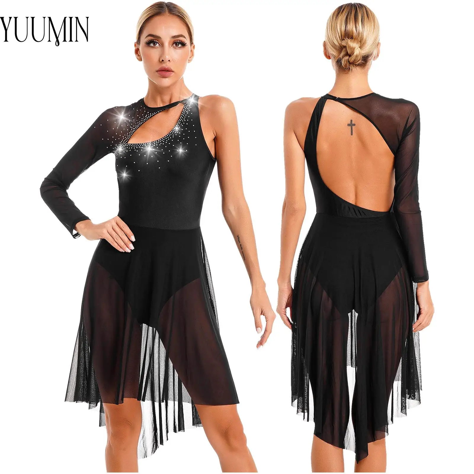 Glitter Rhinestone Lyrical Dance Leotard Dresses Contemporary Figure Skating Costume One Shoulder Long Sleeve Dresses for Womens