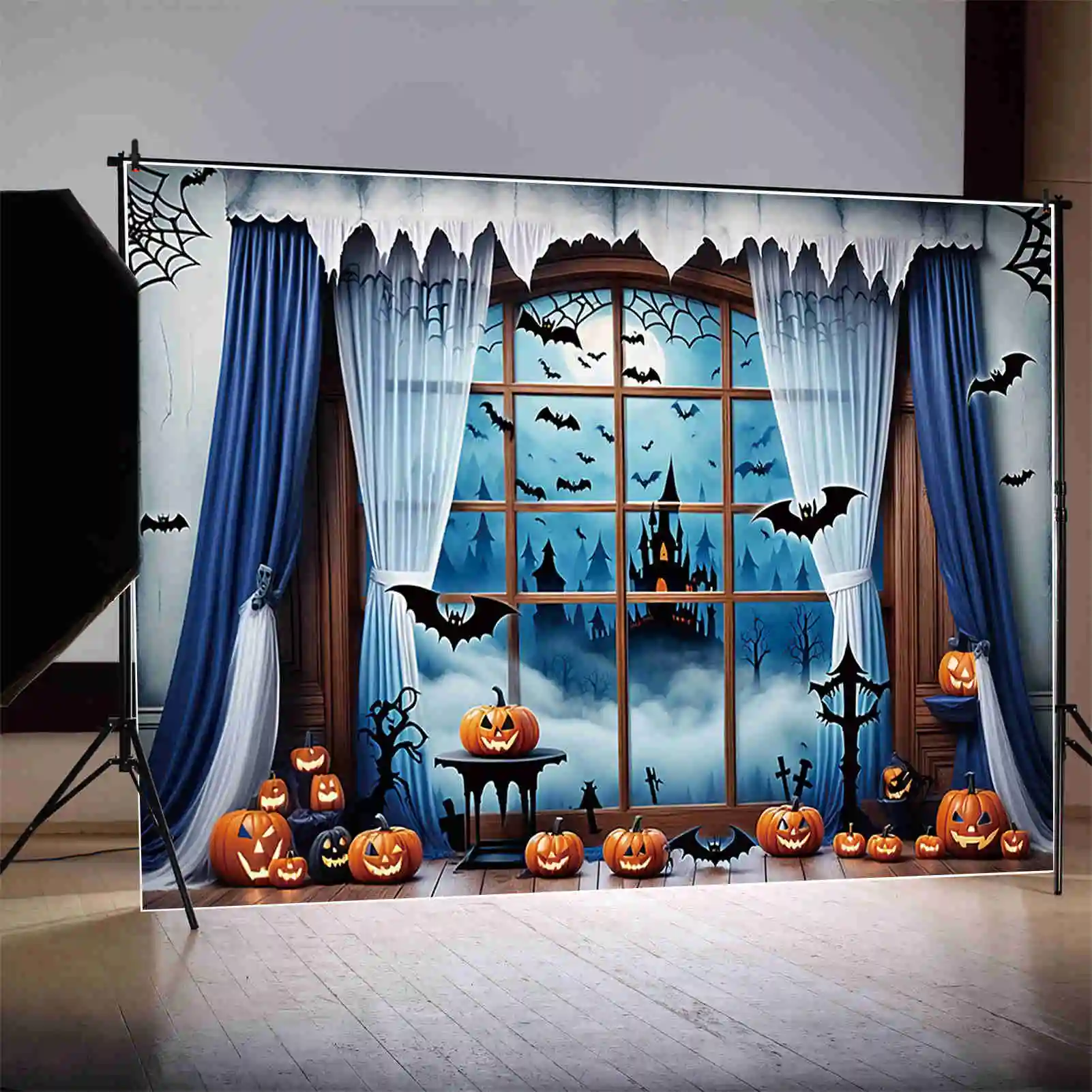 MOON.QG Halloween Graveyard Backgrounds Children Indoor Jack-O'-Lantern Window Backdrop Custom Party Decor Photozone Accessories