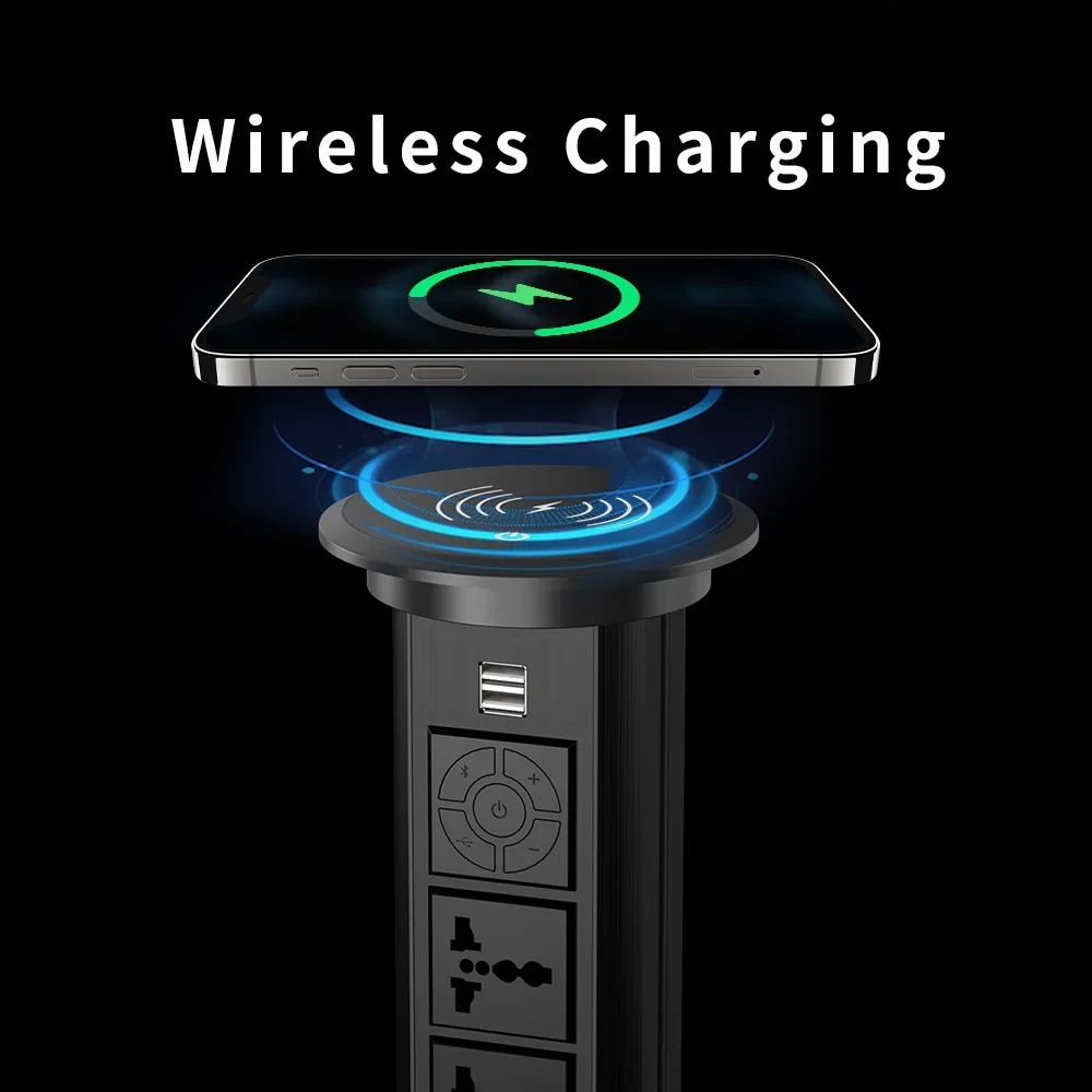 Smart Motorized Pop Up Socket 15W Wireless Charger With Speaker And USB Charger Pop Up Power Desktop Hidden Socket