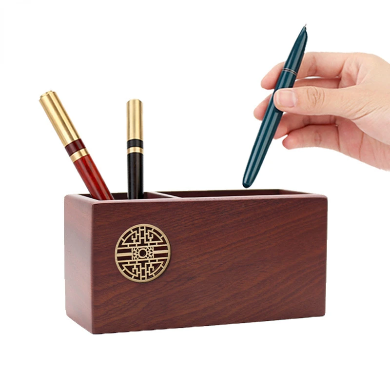 Office Accessories Hollow Carved Solid Wood Pen Holder Walnut Pencil Organizer for Desk