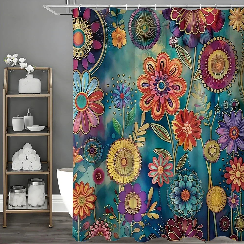 

~O~Vintage Bohemian Floral Shower Curtain, Bathroom Decorative Shower Curtain, Waterproof Shower Curtain with Hooks