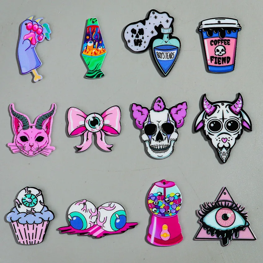 10pcs/lot Halloween Pink Cartoon Cat Sheep Eyeballs Acrylic Charms Pendant for DIY Jewelry Making keychain Earring Accessories