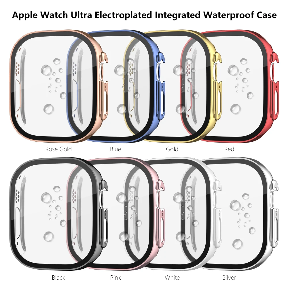 Glass+Shell For Apple Watch 8 Ultra 49mm Electroplated Waterproof PC Bumper+Screensaver Tempered Cover Iwatch Accessory Case