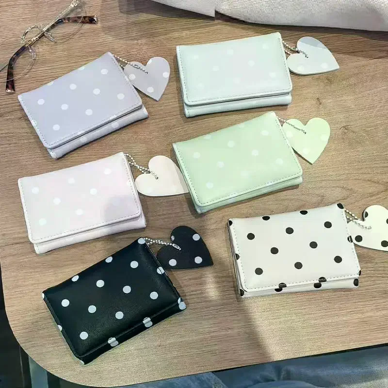/HTF/Dot PU Leather Small Wallet With Cute Heart Pendant And Compact Design Perfect For Daily Casual Outings Shopping Polka