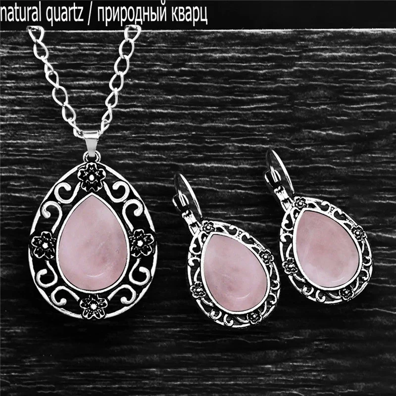 Flower Drop Pendant  Natural Jades Quartz Necklace Earrings Set For Women Antique Silver Plated Stone Fashion Jewelry Sets