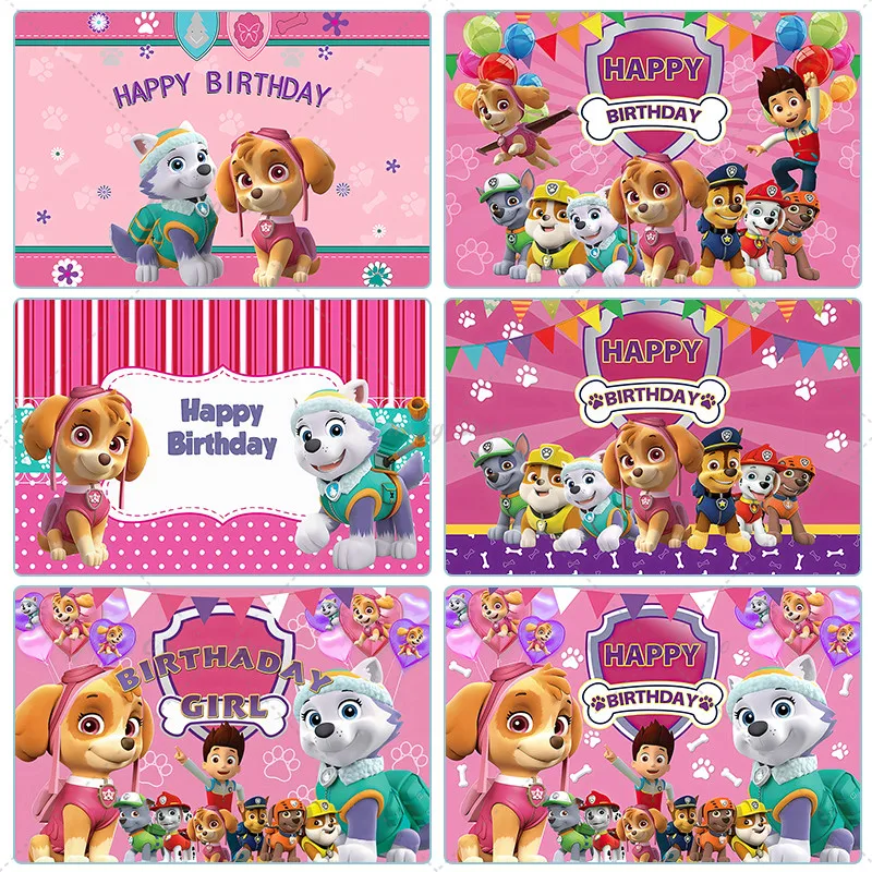 Paws Patrol Skye Everest Theme Backdrop Decoration Girls Kid Birthday Party Background Photography Pink Dog Banner Photo Studio