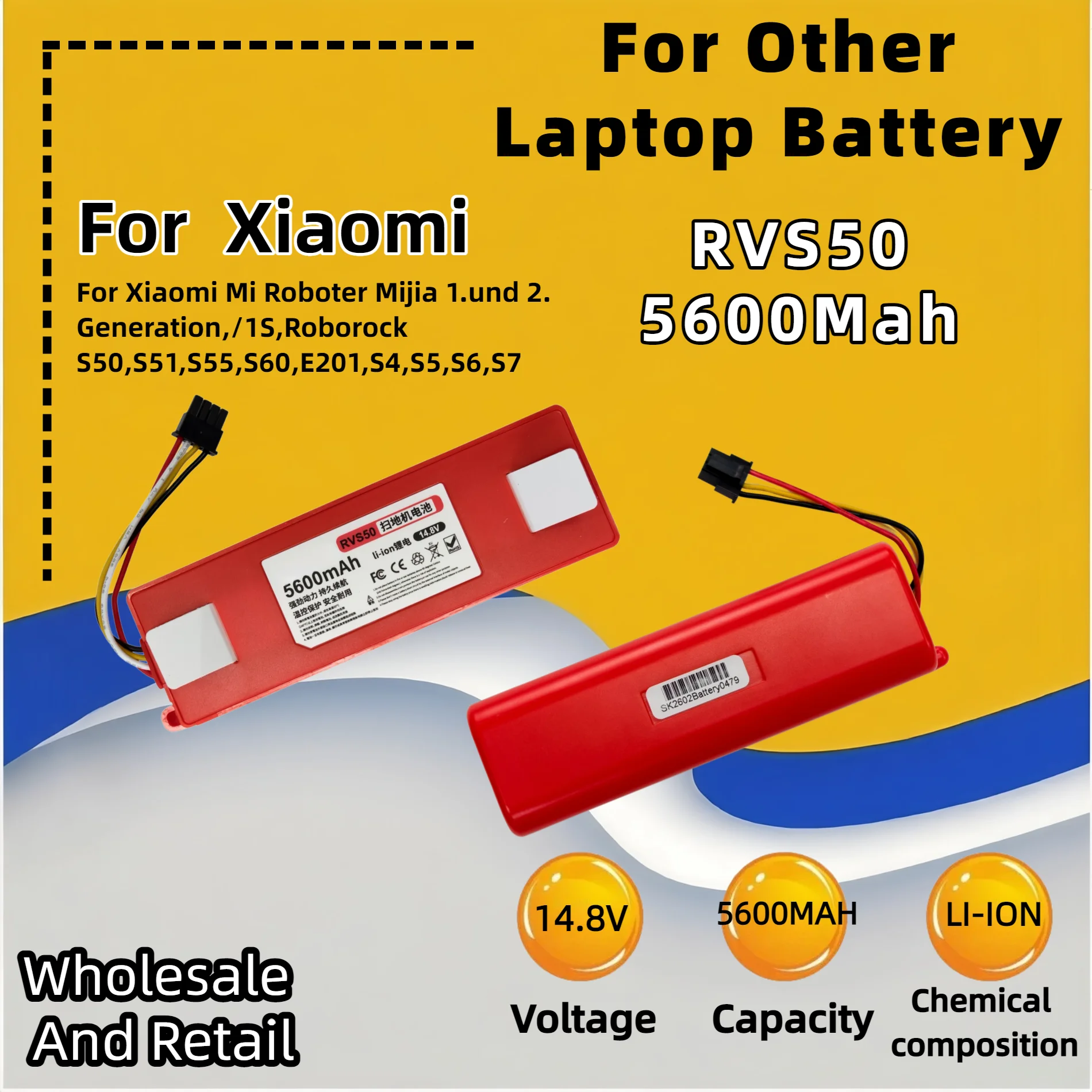 FRLESUI 14.8V 5600mAh Li‑ion Replacement Battery For Xiaomi Roborock S5 S50 S51 S55 S5 Max S6 S60 S65 S7 Robot Vacuum Parts