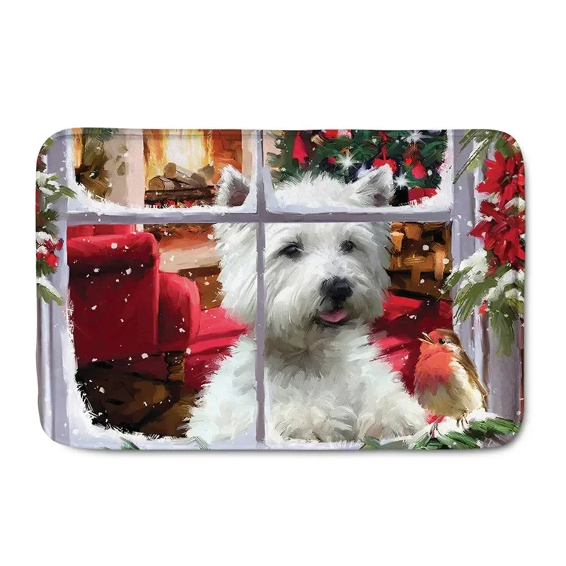 Home Doormat Christmas Westie Pattern Flannel Bathroom Anti-slip Carpet Floor Mats Welcome Door Mats