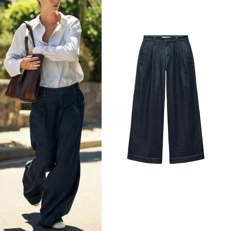 

Spring New Arrival Women's Retro American Versatile Pleated Decoration mid Waist Wide Leg Jeans Casual High Waist Long Pants