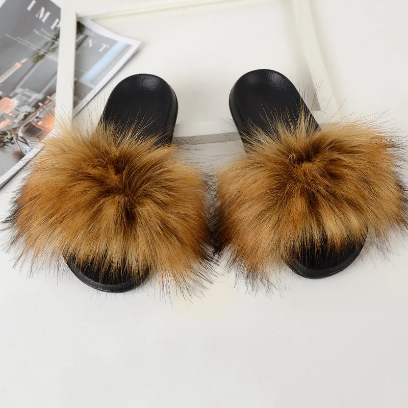 Summer fur slippers kids faux fur slides children fake fur fluffy sandals girls beach home plush sliders child furry flip flops