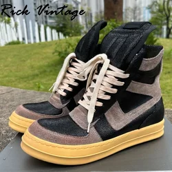 Rick Vintage Quality Men Genuine Leather High-top Ankle Boots Mixed Colors Lace-up Platform Shoes Women Designer Brand Sneakers