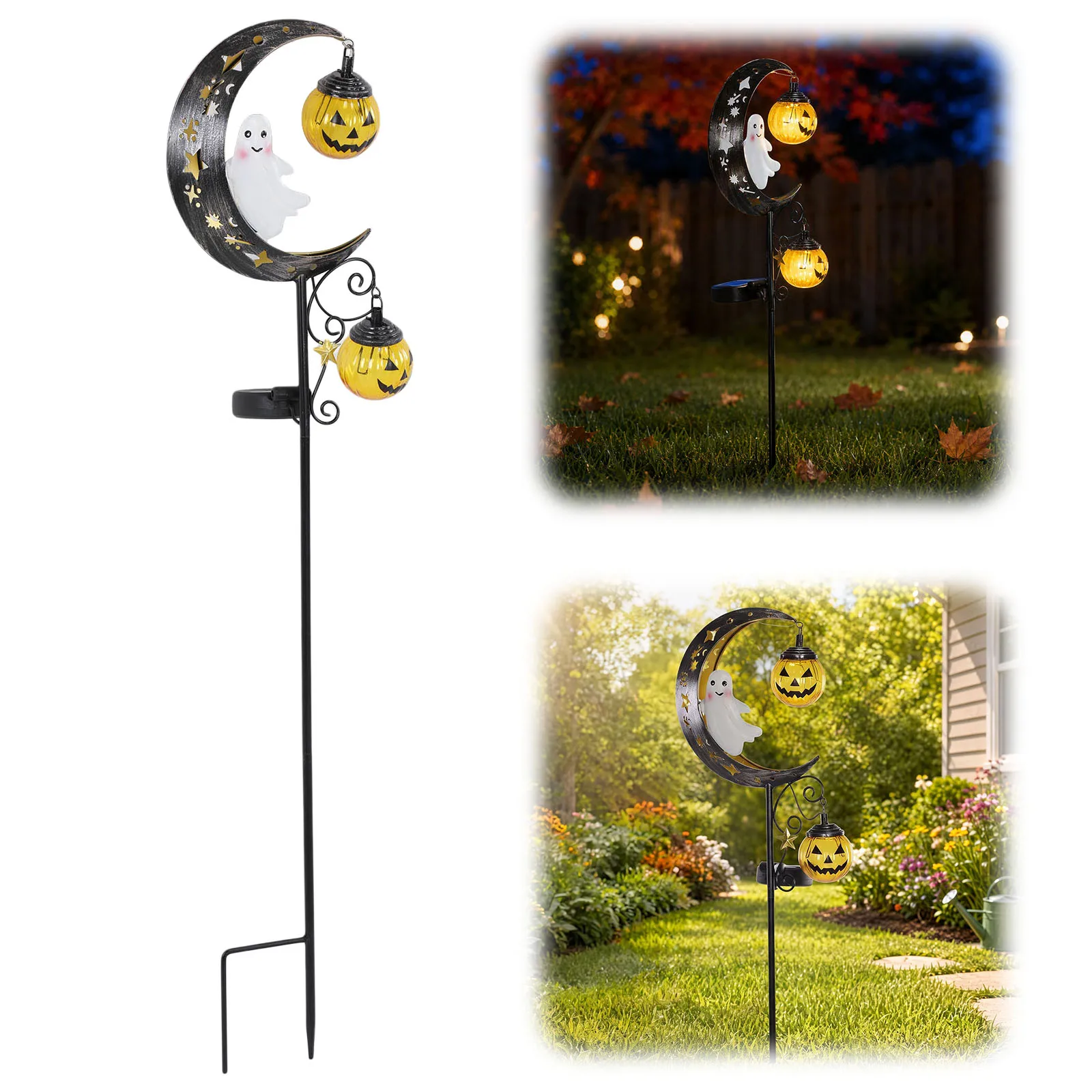 Solar Powered Halloween Moon Skull Ghost Stake Light Garden Lawn Pathway Outdoor Fall Decor Warm Glow