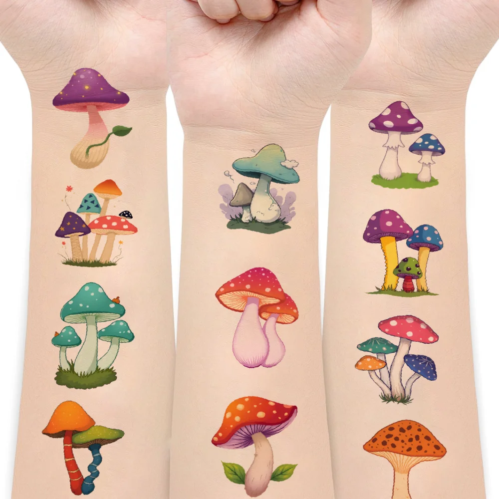 

63pcs Temporary Tattoo Cute Fungi Temporary Tattoo Stickers Mushroom Illustrations Cartoon For Shoulders Girls Cheeks