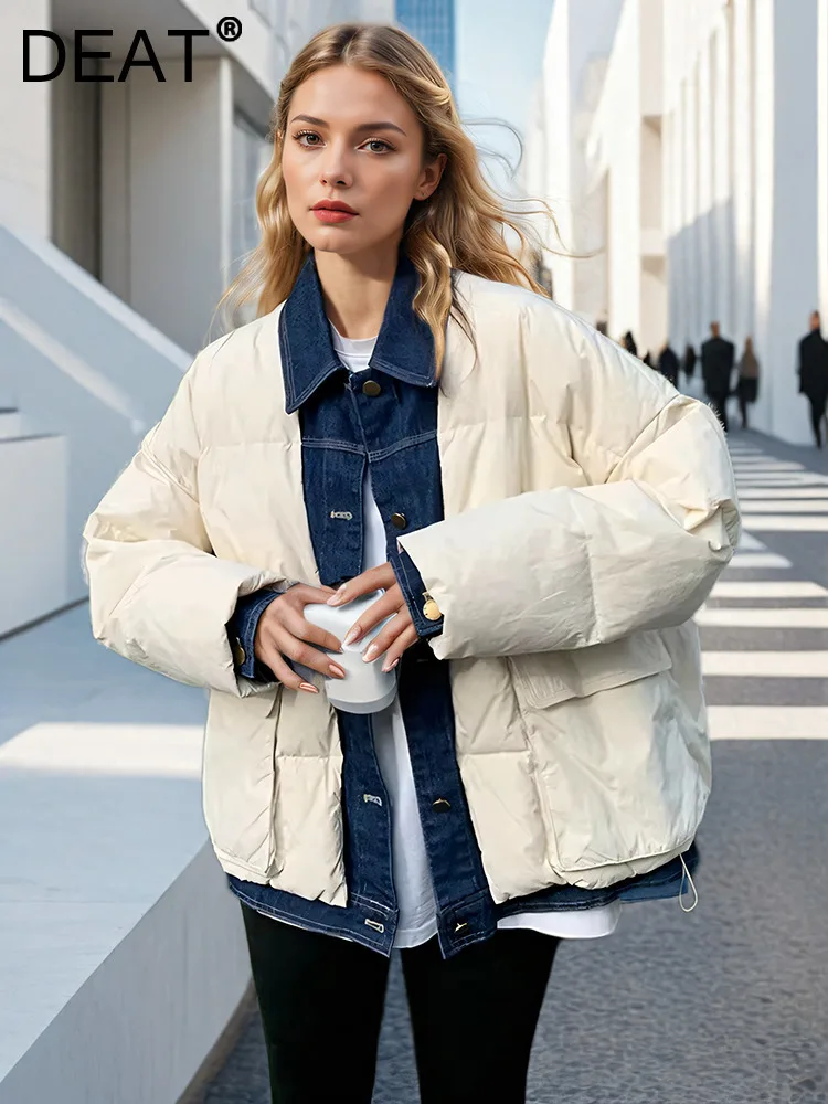 DEAT Fashion Fake 2 Pcs Cotton-padded Coat Women's Lapel Loose Single Breasted Denim Patchwork Quilted Jacket Winter 2024 New