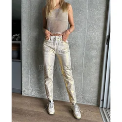 Jeans de perna reta e larga feminina, calça jeans metálica, estilo streetwear prateado e dourado, moda feminina, nova, verão