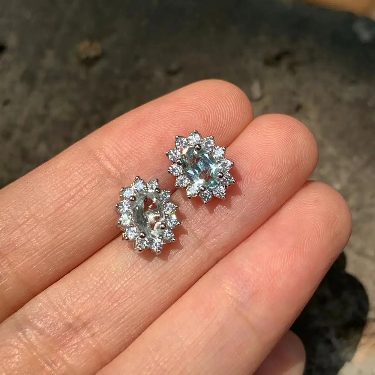 Genuine Natural Blue Topaz 925 Sterling Silver Stud Earrings for women Jewelry Gift 1.4ct Ocean Blue Topaz Oval Pave CZ