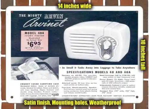 Metal Sign - 1938 Arvin Portable Radio- 10x14 inches