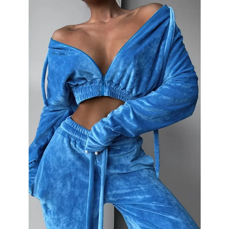Damen-Samt-Outfit-Set, 2-teilig, schulterfreies Crop-Top mit Reißverschluss und Hose mit weitem Bein, Trainingsanzug, langärmlig, lässige Loungewear-Kombinationen – Detail 1