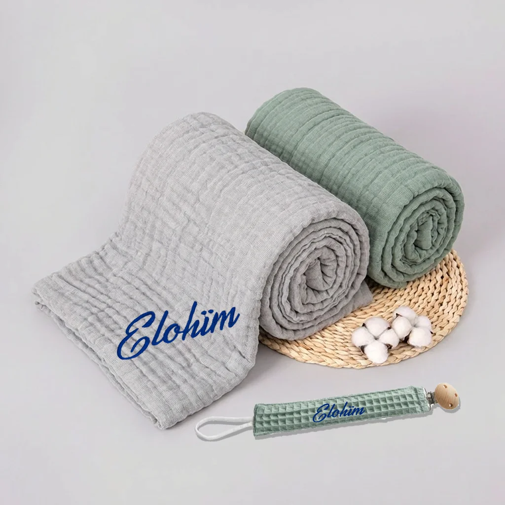 2Pcs Personalized Name Six Layer Gauze Cotton Baby Bath Towel and Fabric Pacifier Clip Set  Embroiered Name Baby Shower Gift