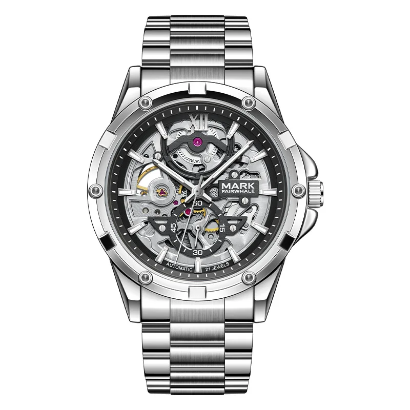 Men's Double Side Skeleton Automatic Watch with Waterproof Luminous Round Steel Butterfly Clasp