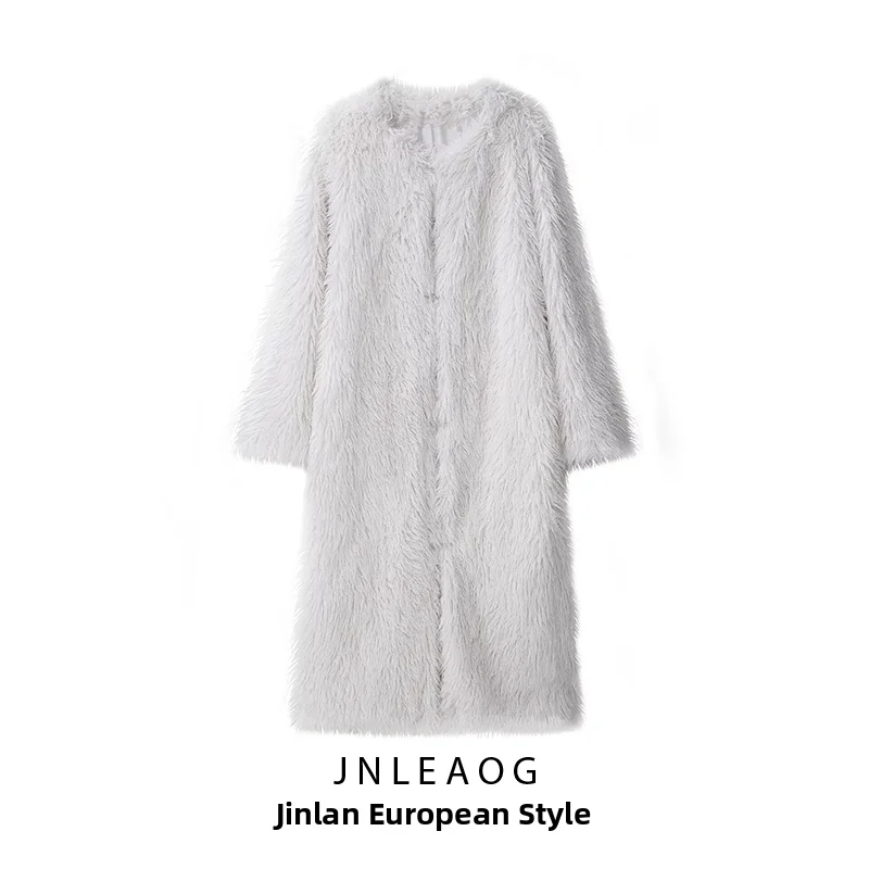 JNLEAOG Women's Long Comfortable round Neck Leather Fur Integrated Coat Autumn New Style Fashionable Elegant Lady's Coat