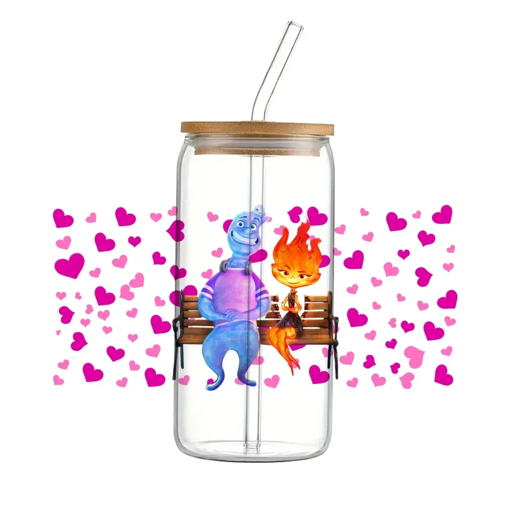 W 11x24cm Disney Elemental Pattern UV DTF Transfer Sticker For 16oz Glass Cup Wrap Stickers