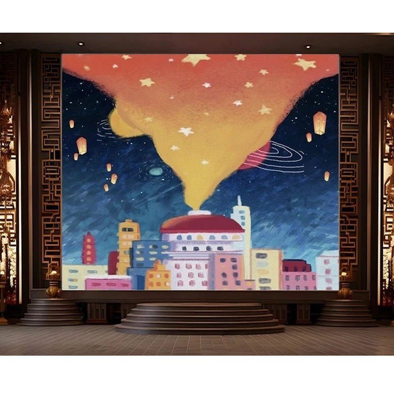 Modern Hand-Painted House With Beautiful Starry Night Sky Kongming Lanterns Romantic Night Scene And TV Background Wall