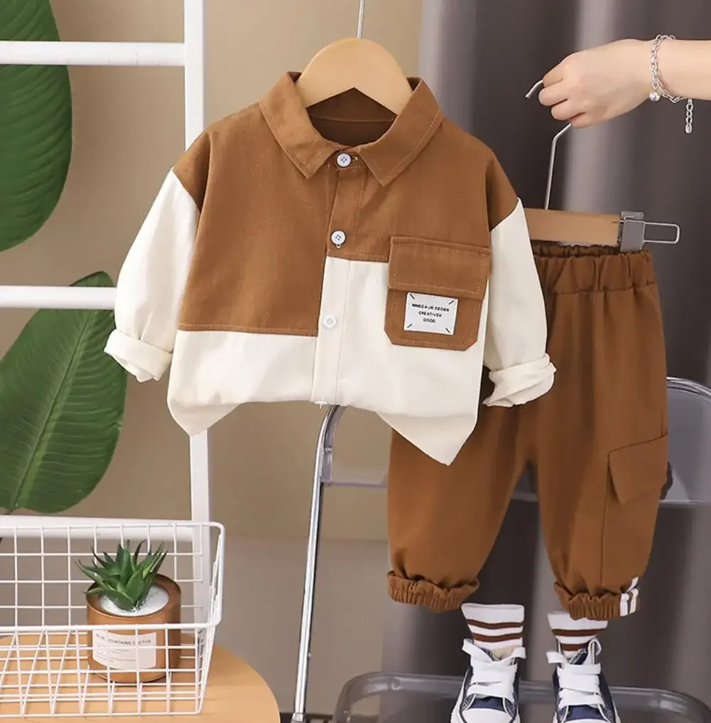 Toddler Outfit 2024 Spring Autumn Kids Baby Sets 1 To 2 Years Patchwork Cargo Turn-down Collar Shirts and Pants Infant Clothes