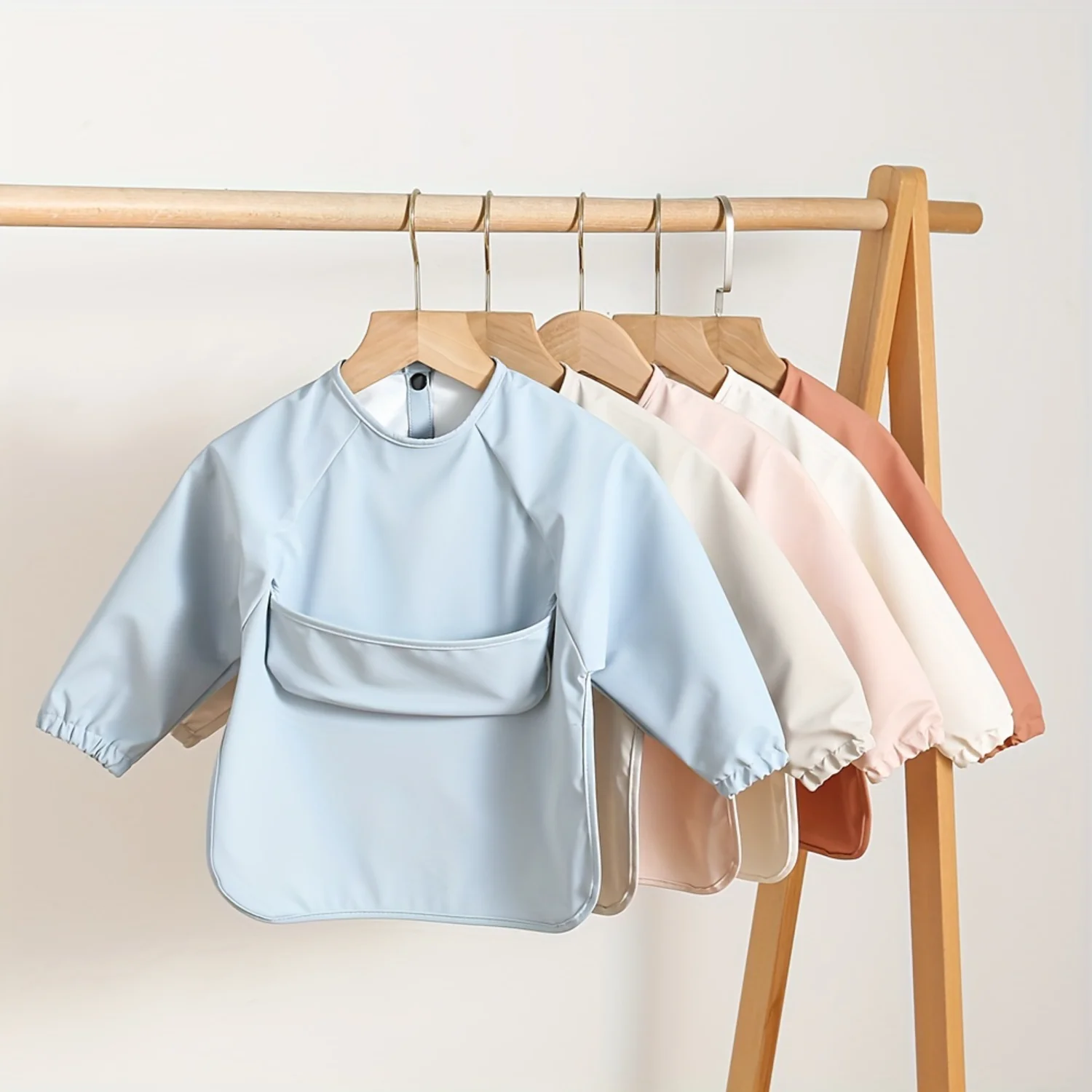 Waterproof ’ Long-Sleeve Smock  Easy-Clean, Soft PU Bib with Snap Closure, Anti-Dirt Plain Color Feeding Bib